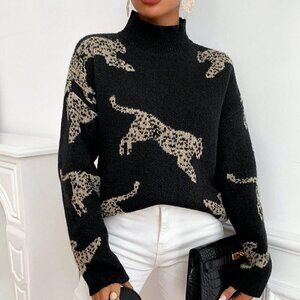 Black Casual Women's Leopard Pattern High Neck Drop Shoulder Sweater